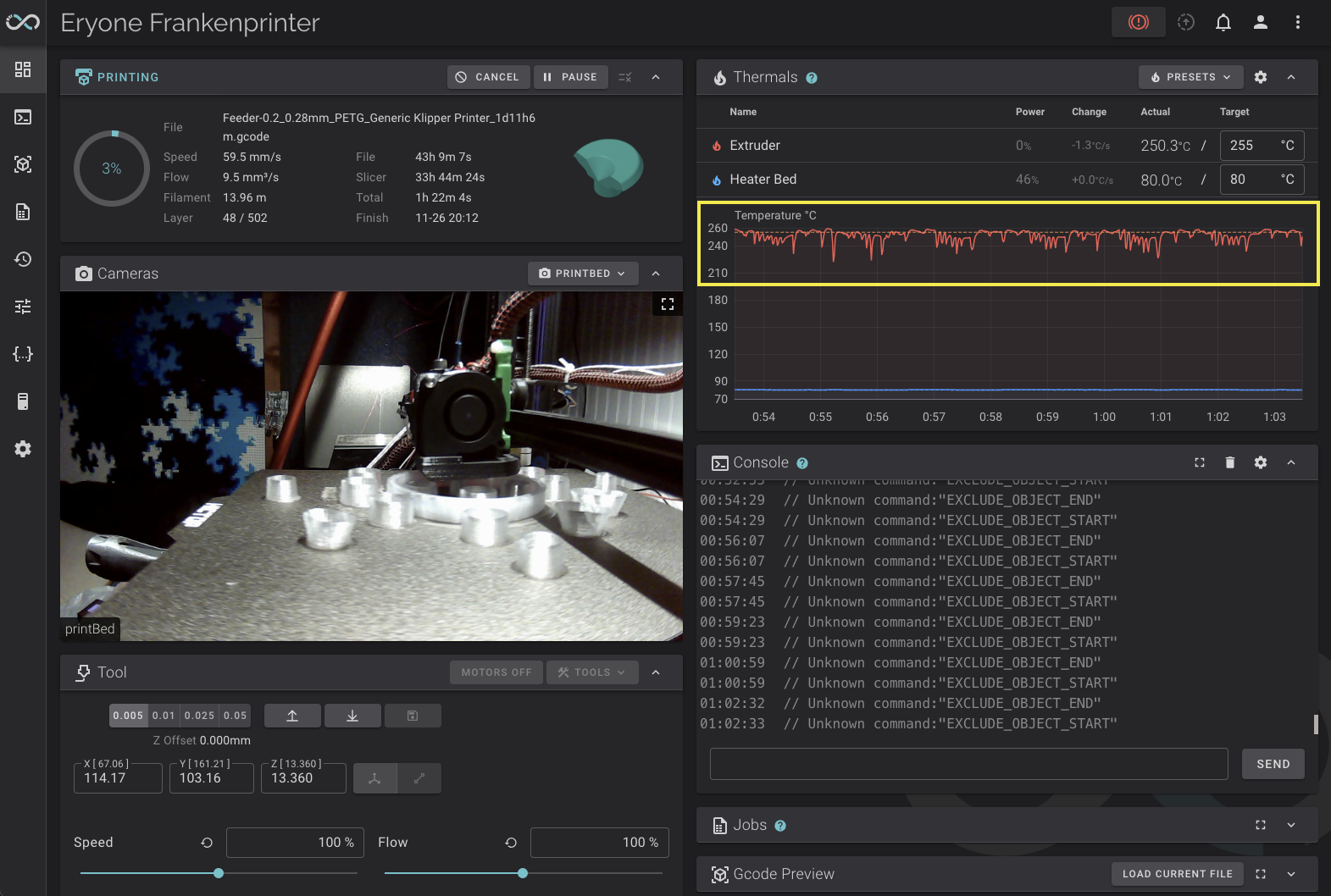 Screenshot of Fluidd interface showing fluctuating temperatures