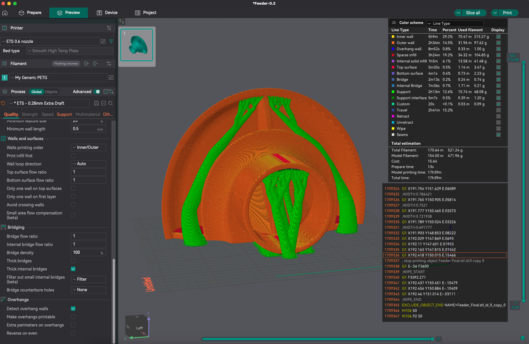 Digital 3d model of feeder lying flat on its back with support material shown