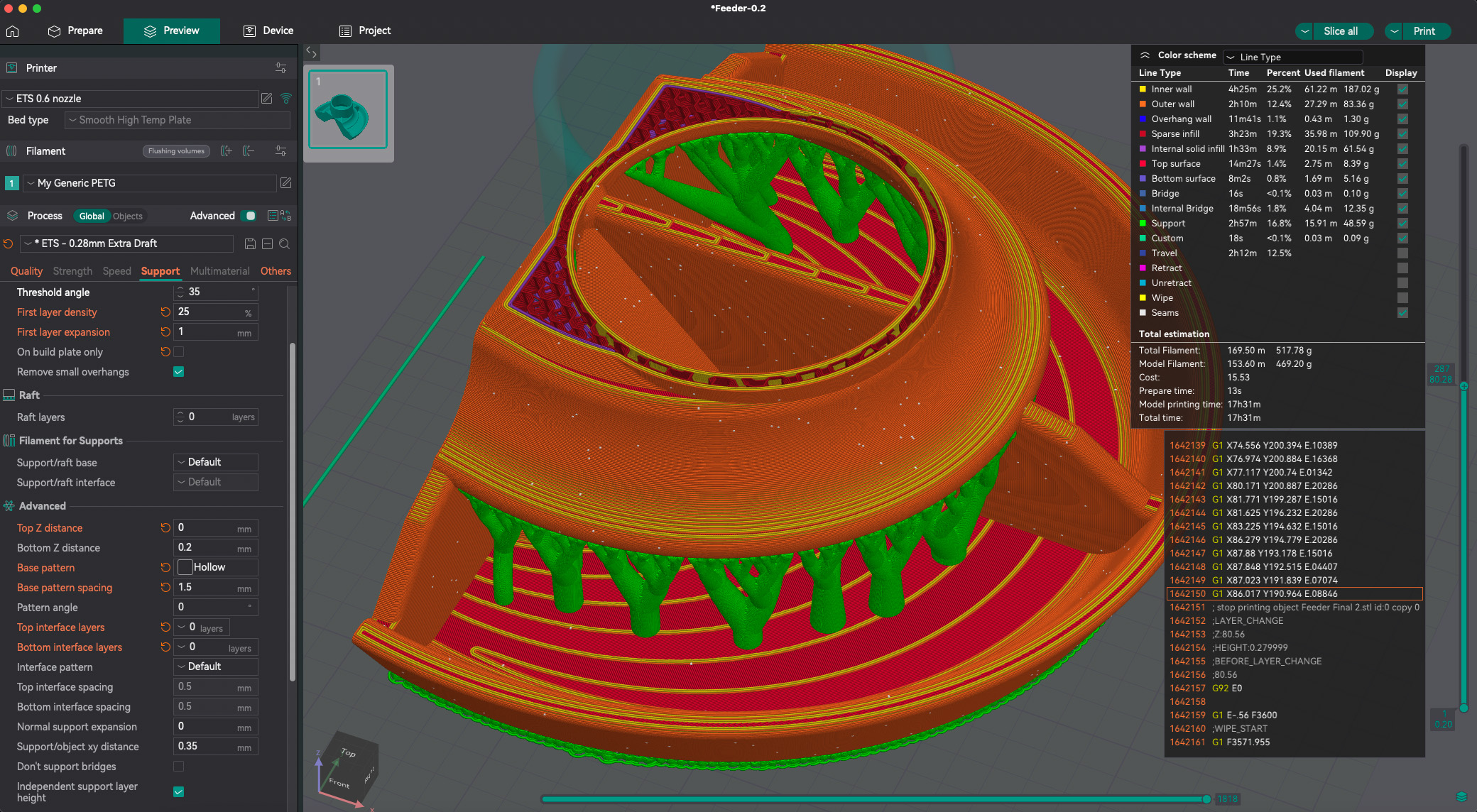 A 3d model in software showing the layers and supports