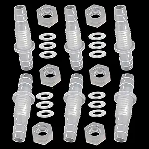 JoyTube 1/4" Hose ID barb Thru-Bulk Bulkhead Fittings Union Adapter Plastic Fittings with Stainless Steel Washers for Aquarium Water/Fuel/Air (Pack of 6)