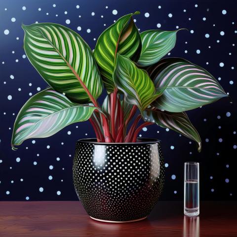 roseopicta calathea in black pot with polkadots with tube from glass of water