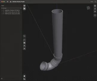 3D model of irrigation tubing with two fittings forming a scoop-like shape at the base