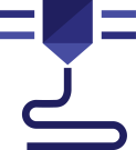 Stylized icon of a 3D printing extruder with filament coming out