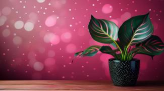 calathea in a black polkadotted pot on the right side of a wooden table with a deep pink background
