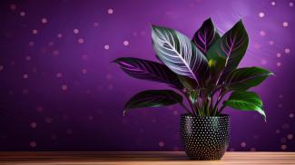 calathea in a black polkadotted pot on the right side of a wooden table with a deep purple background