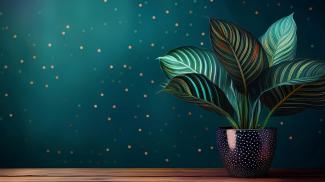 calathea in a black polkadotted pot on the right side of a wooden table with a deep teal background
