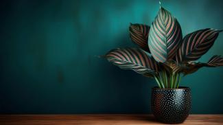 calathea in a black polkadotted pot on the right side of a wooden table with a deep teal background