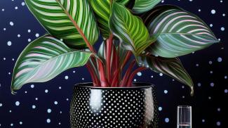 roseopicta calathea in black pot with polkadots with tube from glass of water